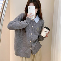 唐狮英伦风刺绣针织开衫女新款慵懒风早秋穿搭灰色百搭毛衣qd