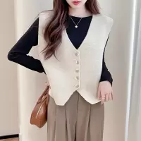 [3件8.5折101.9元,叠加优惠券]唐狮马甲针织背心女款新款春秋白色V领内搭上衣女设计感qd