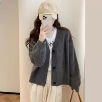 [3件8.5折127.4元,叠加优惠券]唐狮简约设计V领开衫外套女新款秋季灰色学院风毛衣女休闲qd