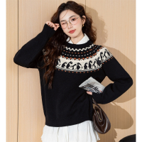 唐狮企鹅图案圆领费尔岛毛衣女新款冬季黑色复古套头毛线衫qd
