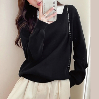 唐狮撞色翻领套头毛衣女新款冬季黑色净色毛线衫韩版chicqd