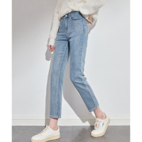 [直降价100元]唐狮春秋冬季新款牛仔裤女高腰显瘦烟管裤子九分直筒黑色加绒微喇