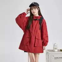 [8.5折价212.4元叠加优惠券]唐狮新款春季新款工装外套女中长款连帽红色休闲上衣宽松
