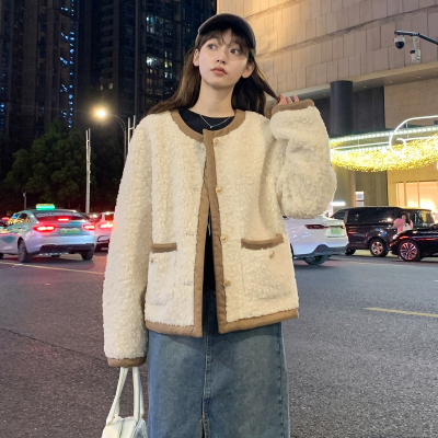 [8.5折价203.9元叠加优惠券]唐狮秋冬外套女圆领撞色短款仿羊羔毛小香风外套时尚潮流上衣