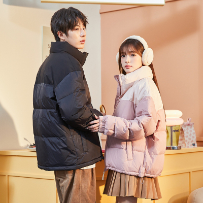 [8.5折价305.9元叠加优惠券]唐狮冬季新款立领情侣羽绒服男女装面包服短款拼接撞色加厚外套潮