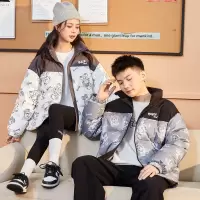 唐狮冬季新款情侣羽绒服男女立领面包服满身花拼接加厚短款外套潮