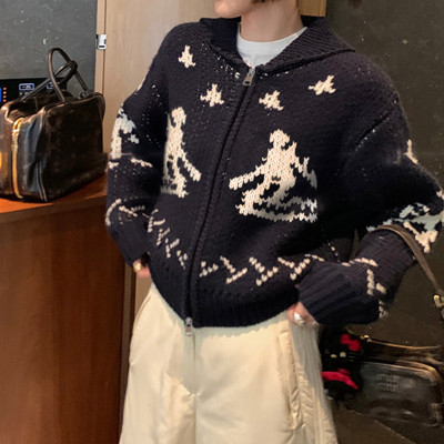 [1折价56.9元叠加优惠券]唐狮秋冬女翻领复古图案拉链开衫休闲慵懒风百搭时尚chic