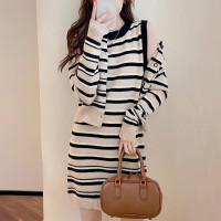 唐狮秋冬撞色条纹连衣裙和开衫慵懒风百搭温柔