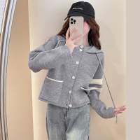 唐狮秋季新款针织开衫外套女条纹袖子减龄休闲连帽开衫外套qd