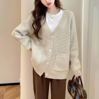 唐狮2024新款简约华夫格肌理设计V领开衫外套女冬季杏色毛衣qd