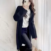 唐狮极简文艺氛围中长款开衫外套女2024新款秋冬黑色百搭毛衣qd