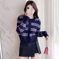 唐狮波浪条纹复古小扣子开衫外套女新款早秋冬紫色短款毛衣qd