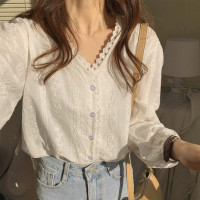 唐狮衬衫女夏季上衣新款韩系V领蕾丝长袖衬衫ins时尚潮
