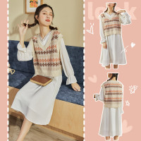 唐狮女连衣裙女裙装搭配V领马甲秋季长袖休闲