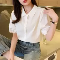 [1折价39.9元叠加优惠券]唐狮夏季女式衬衫纯色翻领短袖衬衣简约百搭泡泡袖上衣