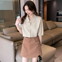 [1.5折价53元]唐狮夏季女式衬衫纯色翻领短袖衬衣简约百搭泡泡袖上衣