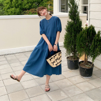 [2.5折价97元]唐狮蓝色法式连衣裙女夏季新款蛋糕裙短袖娃娃裙长裙小个子裙子q