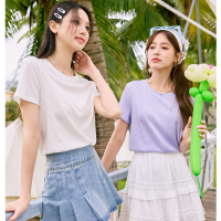 [1.5折价27元]唐狮新款白色短袖女T恤夏季竹节棉短款上衣女内搭圆领小衫sz