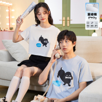 [2.5折价47元]唐狮夏七夕情侣短袖T恤叼骨头小狗印花圆领短袖上衣g重磅y