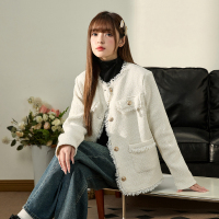 [2.5折价200元]唐狮早春外套女小香风法式白色春秋新款小个子气质上衣黑色