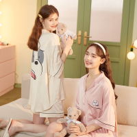 [2.5折价124元]唐狮春夏新款冰丝凉感睡衣女可外穿家居服萌趣小熊翻领短袖J