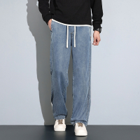 唐狮春季新款男牛仔裤抽绳直筒裤天丝垂感宽松水洗阔腿裤子男