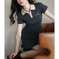 [2.5折价84元]唐狮短袖polo领连衣裙女夏季新款撞色休闲百搭灰色显瘦裙子r