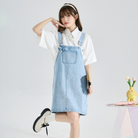 送胸针唐狮重工提花夏季牛仔背带连衣裙女小个子牛仔背带裙f