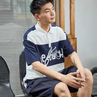 [2.5折价74元]唐狮夏季新款Polo衫男港风撞色拼接短袖翻领t恤男有领上衣潮