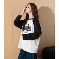 [2.5折价58元]唐狮春季女圆领插肩袖前胸猫咪图案长袖T恤减龄百搭韩系