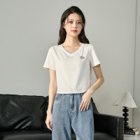 [2.5折价46元]唐狮夏季女针织V领竹节棉净色短款中短袖T恤简约韩系减龄潮
