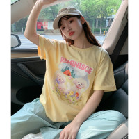 2024夏季女圆领前胸卡通图案短袖T恤百搭减龄小个子韩版时尚