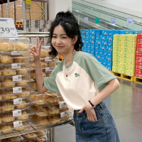 2024夏季女圆领插肩袖左胸硅胶标短袖T恤百搭减龄韩版气质潮