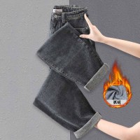 [1.5折价68元]唐狮女牛仔裤女宽松休闲直筒牛中长裤女抓绒保暖直筒裤女牛仔裤