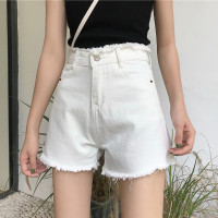 [2.5折价67元]唐狮牛仔中短裤子女百搭米白色牛仔腰头毛边短裤休闲时尚牛仔热裤女
