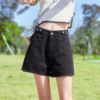 [2.5折价89元]唐狮夏季牛仔中短裤女宽松无弹黑色百搭显瘦腰部三粒扣侧边开叉短裤女
