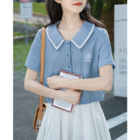 [1.5折价51元]唐狮夏季女翻领花边短袖衬衫女气质短袖仙女上衣甜美小衫