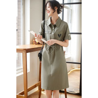 [2.5折价122元]唐狮夏季女翻领收腰短袖连衣裙时尚减龄百搭酷帅休闲通勤