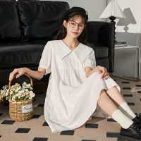 [2.5折价112元]唐狮夏季女娃娃领净色短袖宽松连衣裙法式简约百搭气质优雅甜美温柔