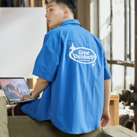 [2.5折价79元]唐狮夏季新款短袖衬衫男潮酷文字衬衣克莱因蓝休闲宽松男上衣