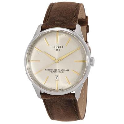 天梭(TISSOT) 男士 Chemin Des Tourelles 皮革象牙色表盘机械手表T1394071626100