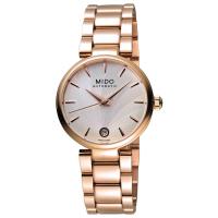 美度(Mido) Baroncelli 简约百搭 日历防水 玫瑰金不锈钢女士机械手表 M0222073303110