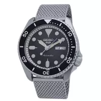 精工SEIKO 5 运动不锈钢黑色表盘 休闲百搭 个性潮流 日历星期 不锈钢网眼黑色表盘男士自动机械表SRPD73K1