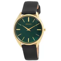 精工SEIKO 女士 Essentials 皮革绿色珍珠母表盘手表 商务休闲简约 时尚百搭 运动防水SWR080P1
