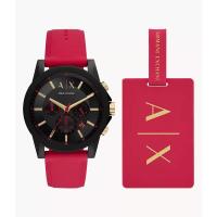 阿玛尼Armani Exchange 计时红色硅胶手表和行李牌套装个性潮流三眼时尚百搭运动防水男士腕表AX7152SET