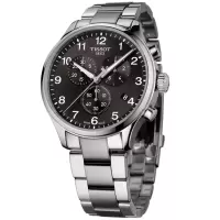 天梭(TISSOT)男士瑞士石英运动计时码表45mm黑盘防水不锈钢腕表