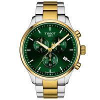 天梭(TISSOT)男士瑞士石英腕表45mm银金双色不锈钢表带绿盘防水