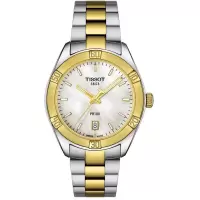 天梭(TISSOT)女士石英表瑞士三针防水金镀表壳不锈钢表带