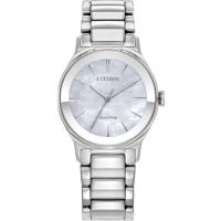西铁城(CITIZEN)女士石英表银色不锈钢蓝母贝表盘28毫米 eco-drive光动能防水表