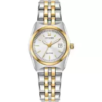 西铁城(CITIZEN)女士石英表经典款两 tone不锈钢黑盘光动能防水手表
